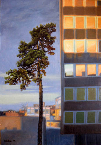 oil painting cityscape of budapest, pine tree and glass court house